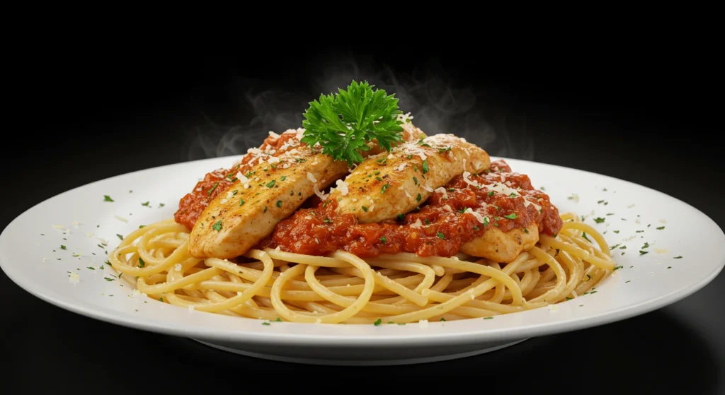 Plate of delicious chicken spaghetti